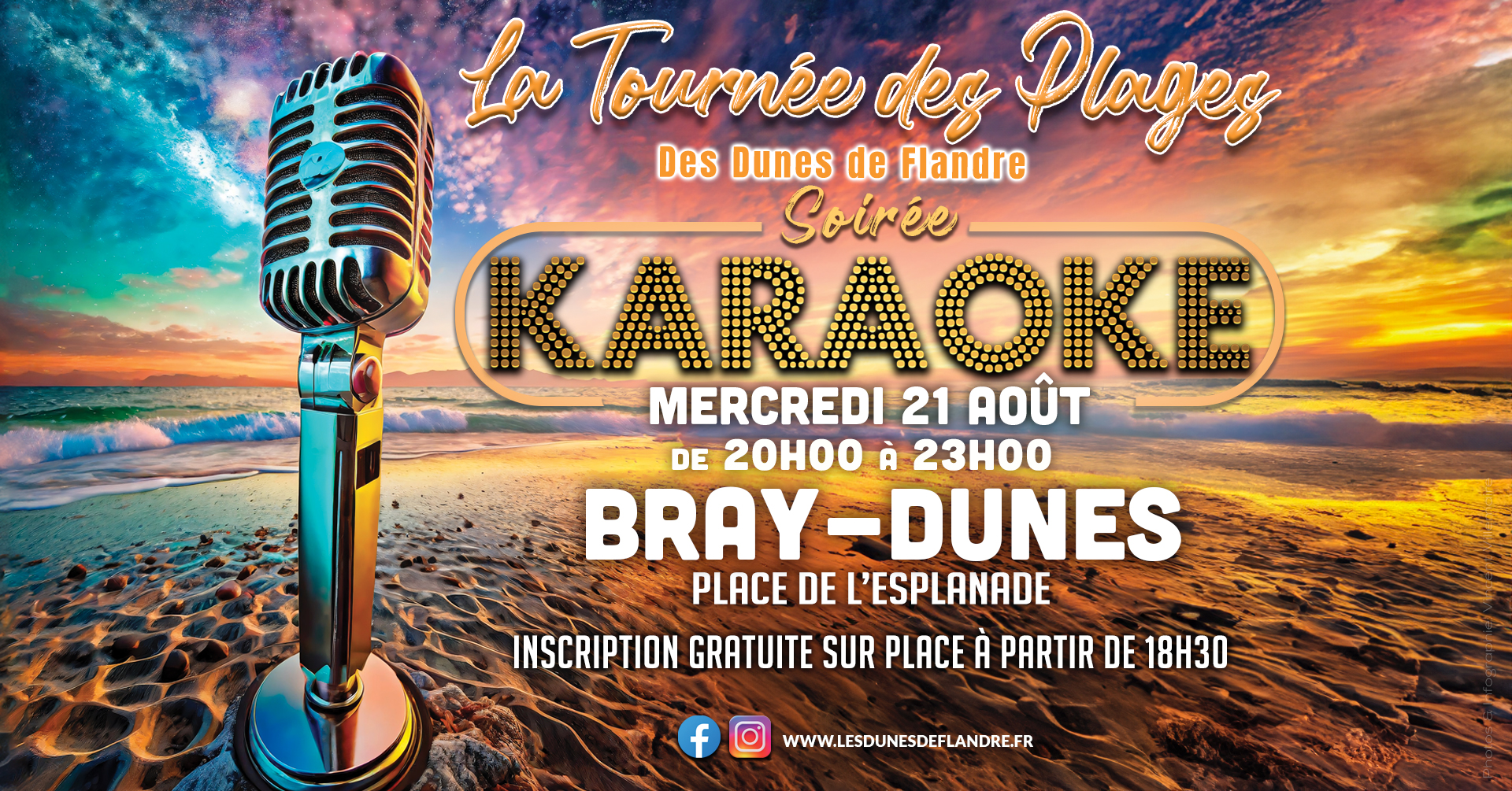 Le Karaoké de la tournée des plages des Dunes de Flandre s'installe place de l'Esplanade à Bray-Dunes le mercredi 17 Juillet de 20h à 23h. Ouvert à tous et gratuit ! Venez chanter seul ou en duo. Inscriptions à partir de 18h30 au Car Podium des Dunes de Flandre.  