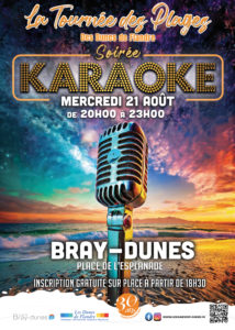 Le Karaoké de la tournée des plages des Dunes de Flandre s'installe place de l'Esplanade à Bray-Dunes le mercredi 17 Juillet de 20h à 23h. Ouvert à tous et gratuit ! Venez chanter seul ou en duo. Inscriptions à partir de 18h30 au Car Podium des Dunes de Flandre.  